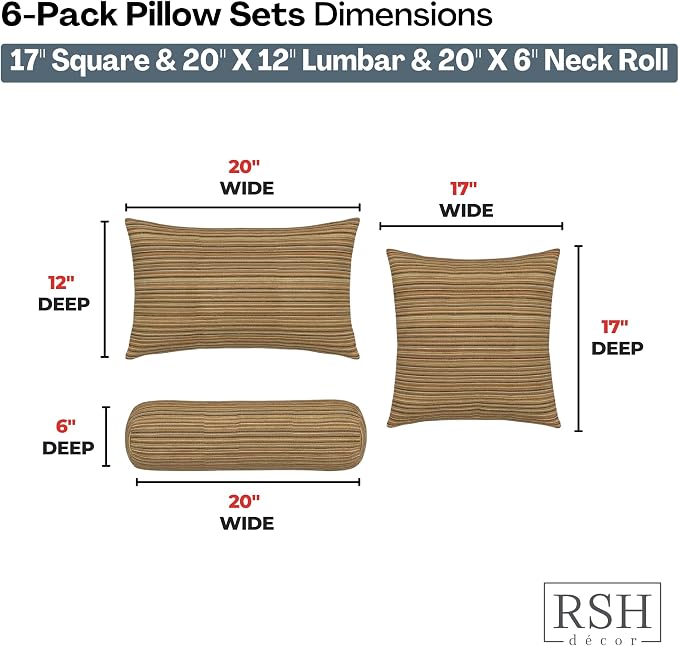 RSH DECOR: 6-Pack Pillow Set | Outdura Performance Fabric |Water & Fade-Resistant| 17" Square, 20"x12" Lumbar, 20"x6" Neck Roll | Outdoor Pillows for Patio Furniture | Made in USA (Moran Sonoma)