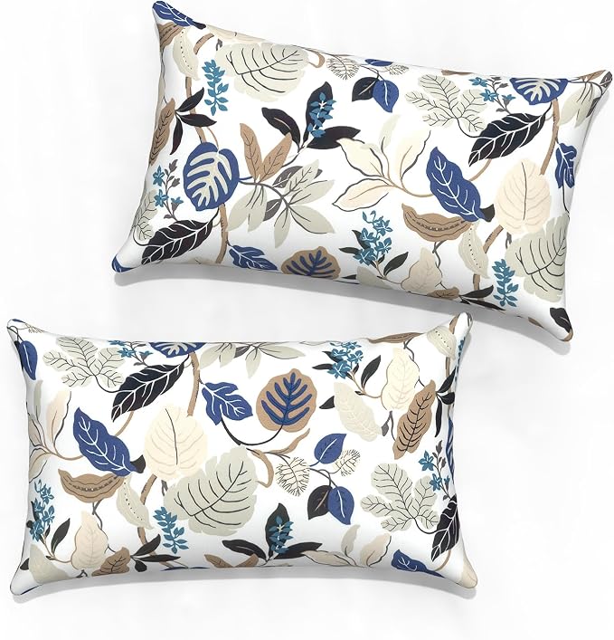 Outdoor Lumbar Pillow Covers 12”x20”, Rectangle Throw Pillow Covers for Patio Furniture, Decorative Lumbar Cushion Case for Garden Balcony Couch Office Chair, Pack of 2, Breeze Leaves Beige