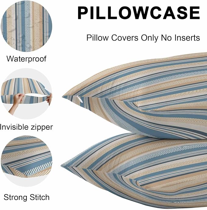 Blue Brown Beige Outdoor Pillow Covers 26x26 Inch Throw Pillow Covers Set of 2 Waterproof Decorative Pillow Cases Boho Farmhouse Abstract Stripes Art Cushion Covers for Patio Furniture Garden Couch