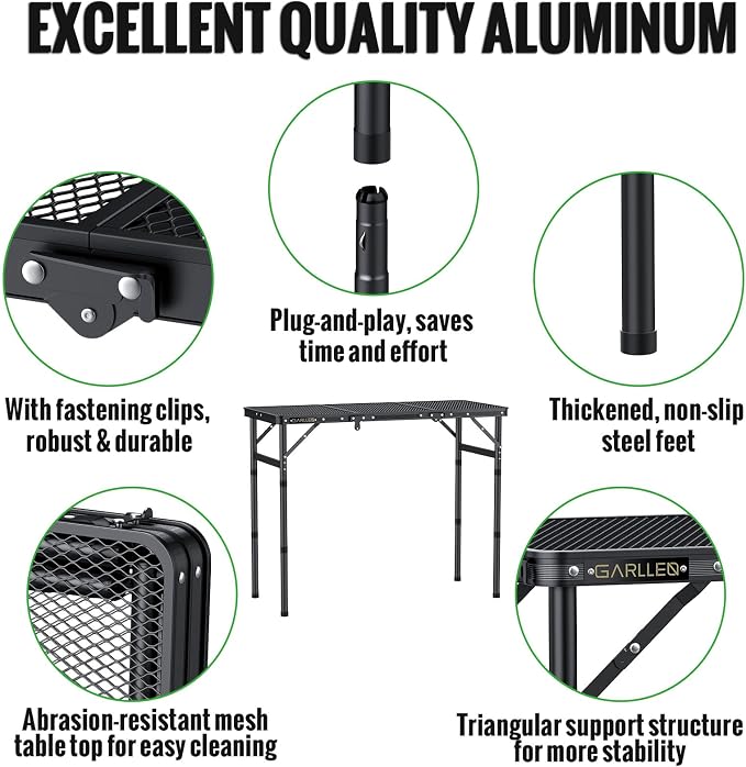 GARLLEN Folding Grill Table Max Capacity 66lbs, 3 Adjustable Height Portable Folding Camping Table with Heat-Resistant Mesh Tabletop, Aluminum Picnic Table for Outdoor, BBQ, Camping, 34.2"L x 15.7"W