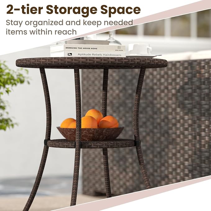 Tangkula 25.5" Wicker Patio Dining Table, Outdoor Round Bistro Side Table with Tempered Glass Top and Storage Shelf, for Balcony, Garden and Backyard