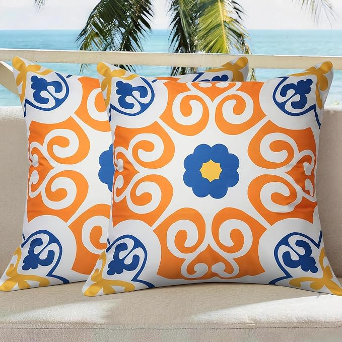 Outdoor Pillow Covers Waterproof Cushion Covers Patio Pillows Case 2 Pack | 18x18inch,Printed Boho Flowers,Seamless,Hidden Zipper,Machine Washable,Perfect decoration for Porch,Patio,Balcony