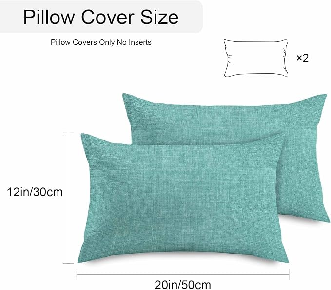 Vandarllin Outdoor Throw Pillows Covers 20x12 inch Set of 2 Waterproof Turquoise Linen Decorative Zippered Cushion Covers for Patio Furniture, Farmhouse Pure Color Lumbar Pillowcases