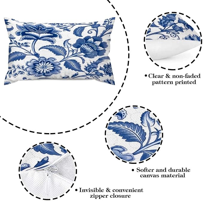 Set of 2 Blue and Ivory Indigo Floral Cushion Cover Case with Zipper 12x20in Canvas Pillow Cover Rectangle Pillow Case for Couch Bed Car Pub Coffee Bar Living Room Decoration
