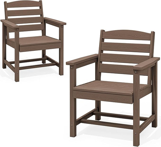 SERWALL Outdoor Dining Chairs Set of 2, All-Weather HDPE Patio Chair with 19.7" Widened Seat, for Backyard, Garden, Brown