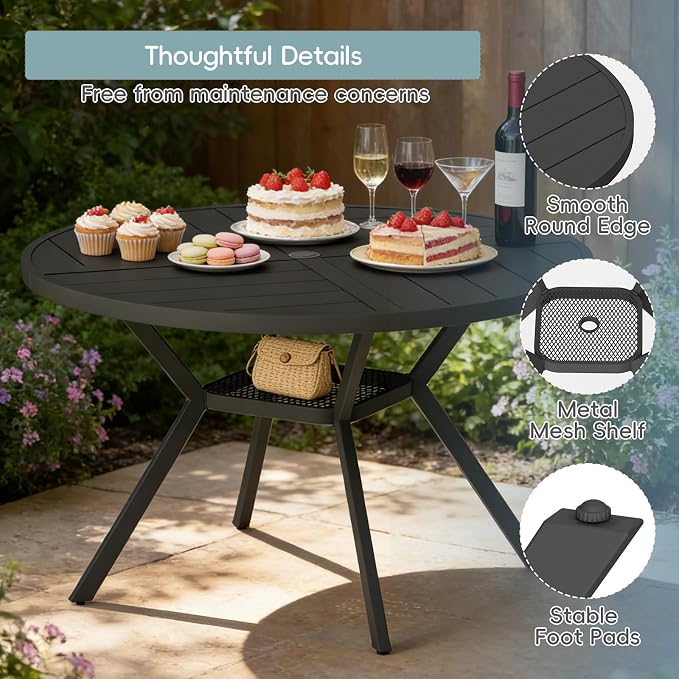47" Outdoor Patio Table Dining Table All Weather Metal Round Patio Dining Table with Adjustable Umbrella Hole Patio Furniture for Lawn Garden Backyard, Black
