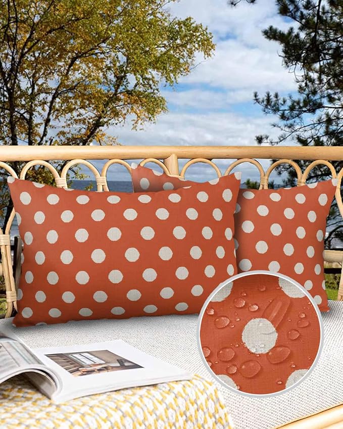 Outdoor Waterproof Throw Pillow Covers Set of 2 Orange Polka Dots Lumbar Pillowcases 20x12 Inches Cute Solid Color Decorative Pillows Cushion Case Patio Pillows for Couch Bed Chair Garden