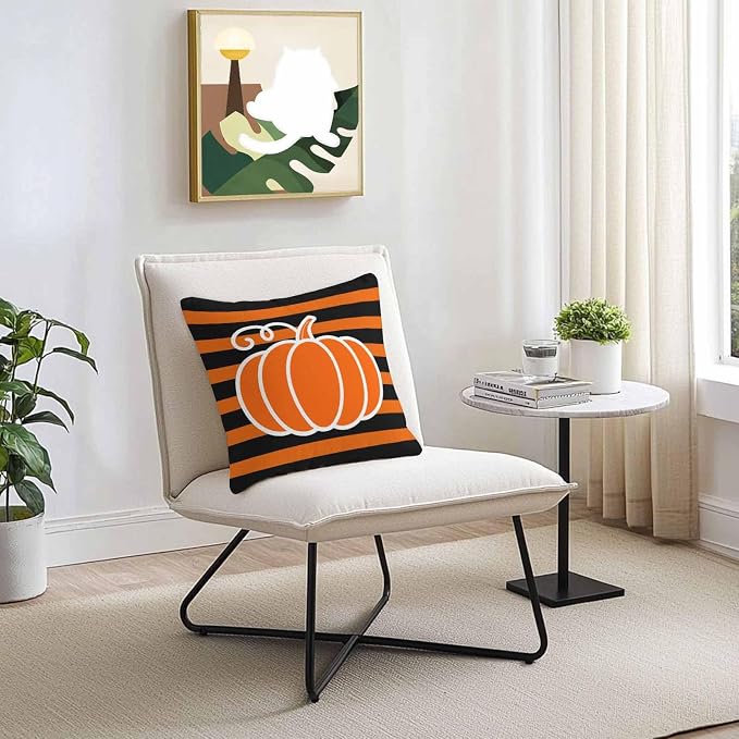 Orange Pumpkins Outdoor Waterproof Pillow Covers, Autumn Black Stripes Farmhouse Decorative Square Throw Pillowcase Sofa Cushion Sham for Patio/Couch/Chair, 26"x26" 2 Pack