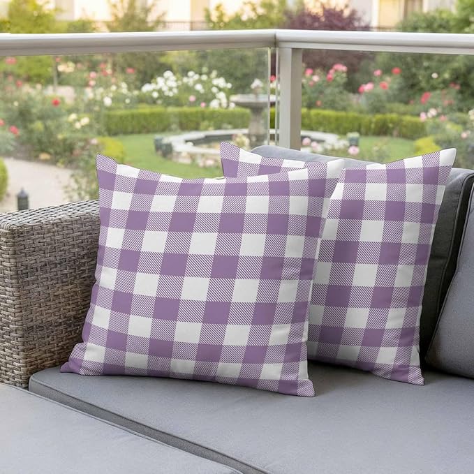 Waterproof Throw Pillow Covers 18x18 Set of 2, Farmhouse Purple White Buffalo Lattice Outdoor Pillowcases with Invisible Zipper, Pastoral Gingham Decorative Cushion Covers for Patio Garden Sofa Couch
