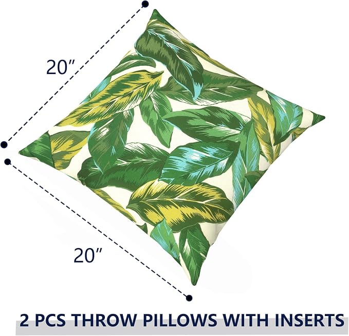 Outdoor Pillows with Insert 20x20 Inch, Waterproof Throw Pillow for Patio Furniture, Decorative Back Cushion for Garden Home Sofa Office Chair, Set of 2, Lush Leaf Jungle