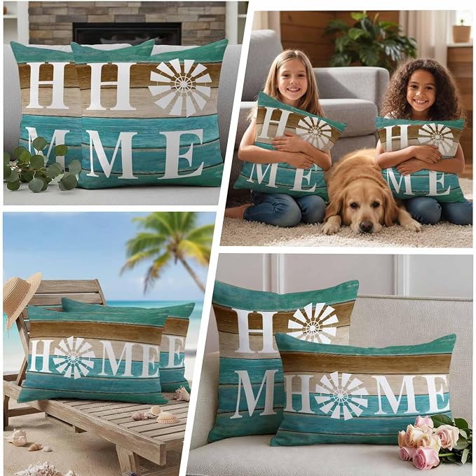 Outdoor Pillow Covers Set of 2, Home Windmill Farmhouse Wooden Decorative Throw Pillow Covers 18X18IN, Farm Teal Wood Board Throw Pillows Protector Cushion Case for Patio,Couch,Sofa,Garden