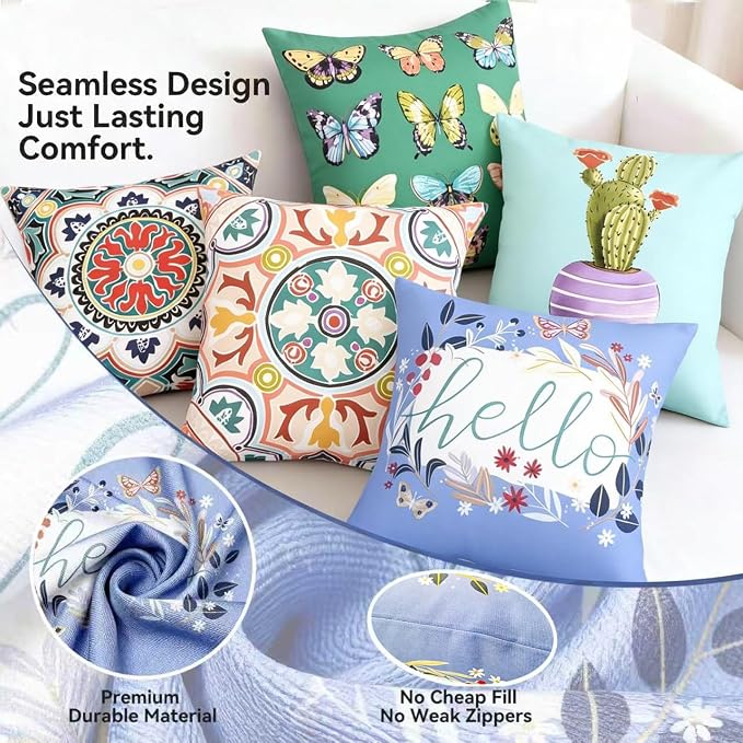 Outdoor Throw Pillows Waterproof Set of 4 18x18 Inches for Bed and Patio Furniture, Hello Pattern Decorative Throw Pillows with Insert for Couch
