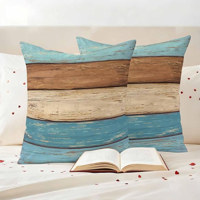 Farmhouse Light Blue Brown Outdoor Waterproof Pillow Covers, Vintage Wooden Striped Decorative Square Throw Pillowcase Sofa Cushion Sham for Patio/Couch/Chair, 24"x24" 2 Pack