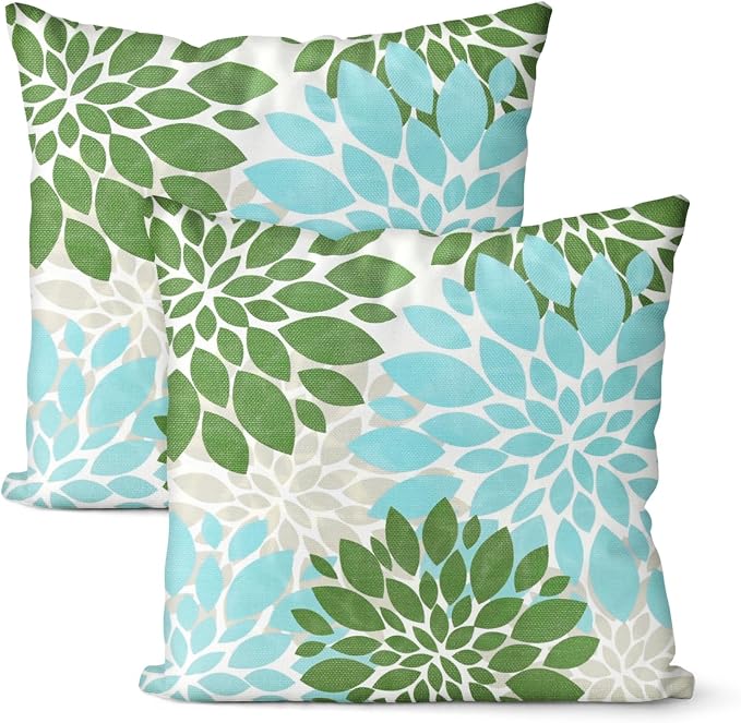 M METERXITY 2-Pack Pillow Cover 20x20 Linen, Sky Blue Green Gray | Water Resistant Floral Decor Slipcover, for Patio, Balcony, Garden, Outdoor Pillow Case