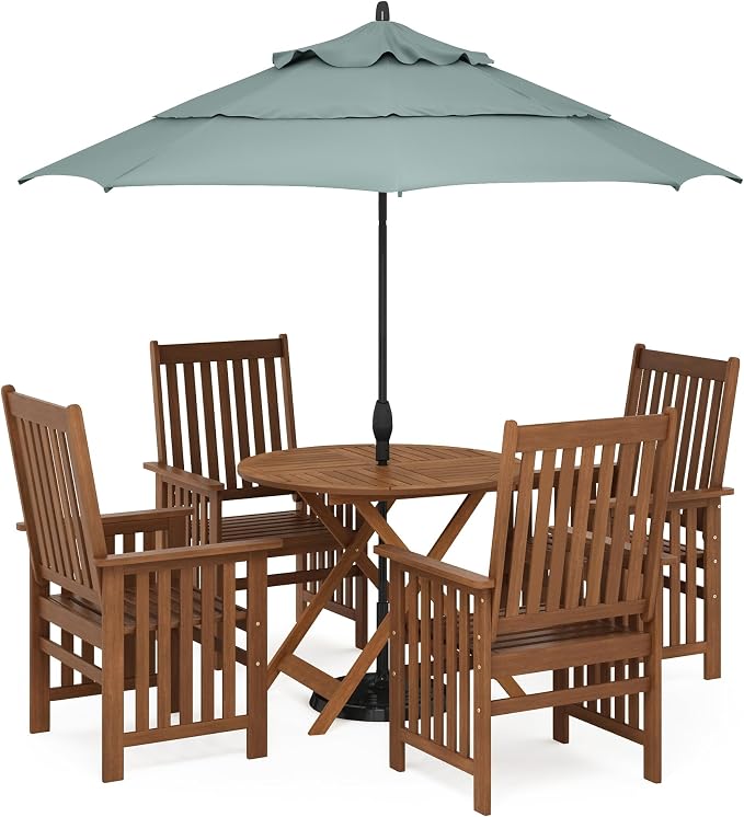 Furinno TIOMAN Folding Patio Dining Table, Outdoor Wooden Table with Umbrella Hole, Round 4-Person Patio Table for Garden, Porch, Backyard, Light Wood