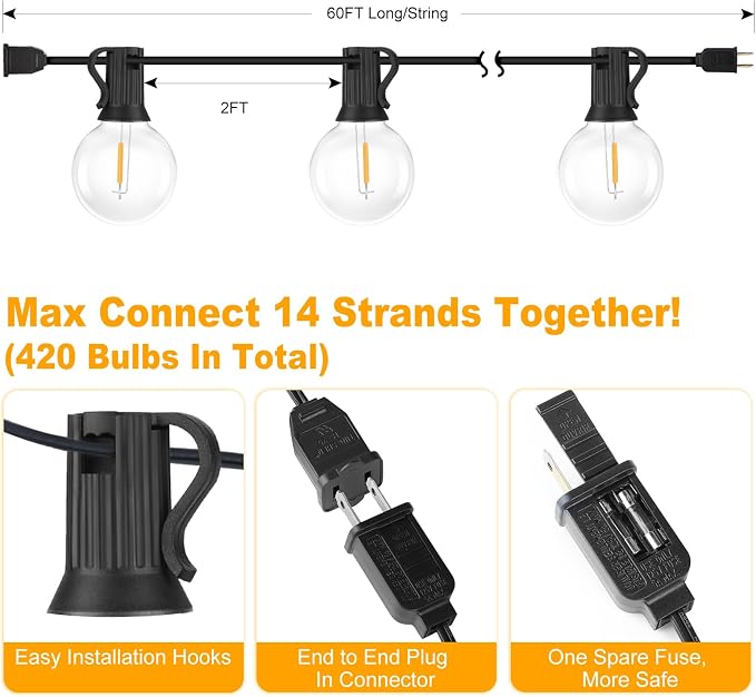 60FT Outdoor G40 LED Globe String Lights Dimmable | Waterproof Shatterproof Light Strings with 30 Bulbs Connectable Commercial Hanging Lights for Patio Backyard Balcony Party