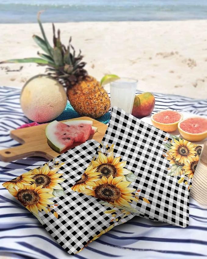 Sunflower Outdoor Waterproof Throw Pillow Covers 18"x18" Set of 2, Buffalo Check Plaid Sunflower Decorative Garden Pillowcase with Zipper Retro Farmhouse Cushion Case for Patio Couch Tent