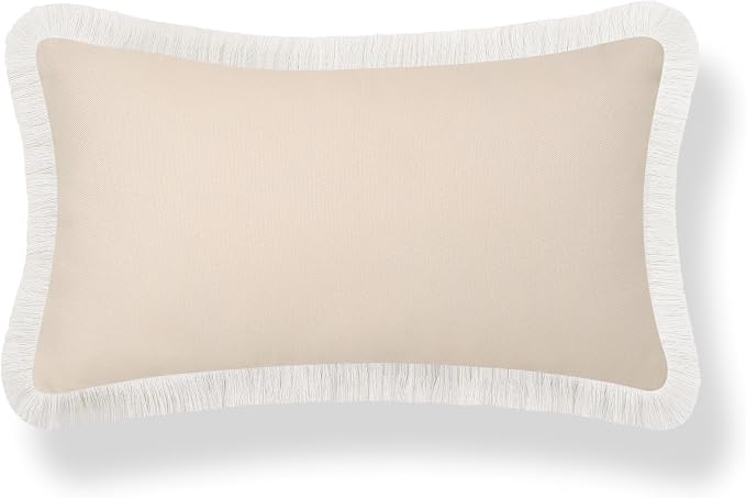 Hofdeco Premium Coastal Hampton Patio Indoor Outdoor Lumbar Pillow Cover Only, 12"x20" Water Repellent for Backyard, Couch, Poolside, Neutral Tan Print Solid