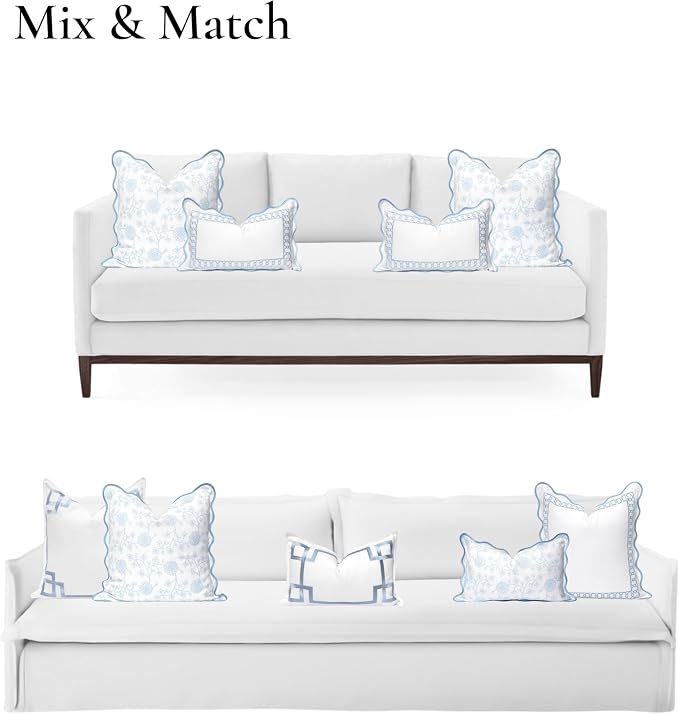 Hofdeco Premium Coastal Patio Indoor Outdoor Scalloped Throw Pillow Cover Only, 20"x20" Water Repellent for Backyard, Couch, Baby Blue Print Dahlia Floral