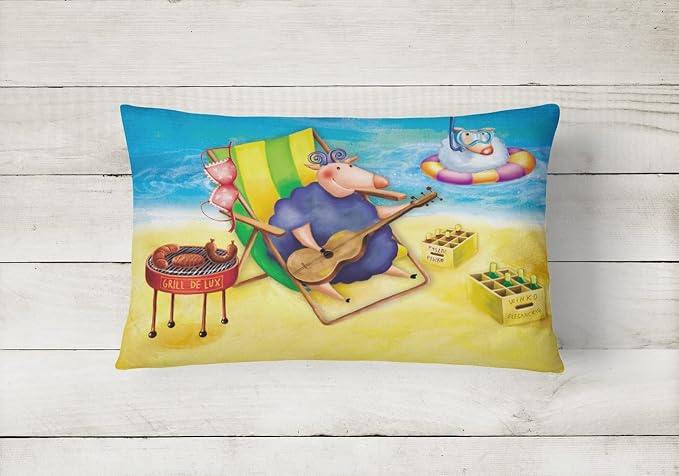 Caroline's Treasures APH0079PW1216 Pig Sunbathing on The Beach Canvas Fabric Decorative Pillow Machine Washable, Indoor Outdoor Decorative Pillow for Couch, Bed or Patio, 12HX16W