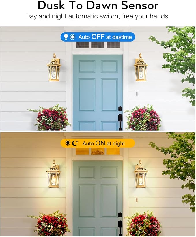 VIANIS Dusk to Dawn Outdoor Wall Lanterns, Modern Golden Exterior Lighting Fixtures Wall Mount Sconces, 100% Aluminum Waterproof Gold Porch Lights, Outside Coach Lantern for House Patio Garage, 2-Pack