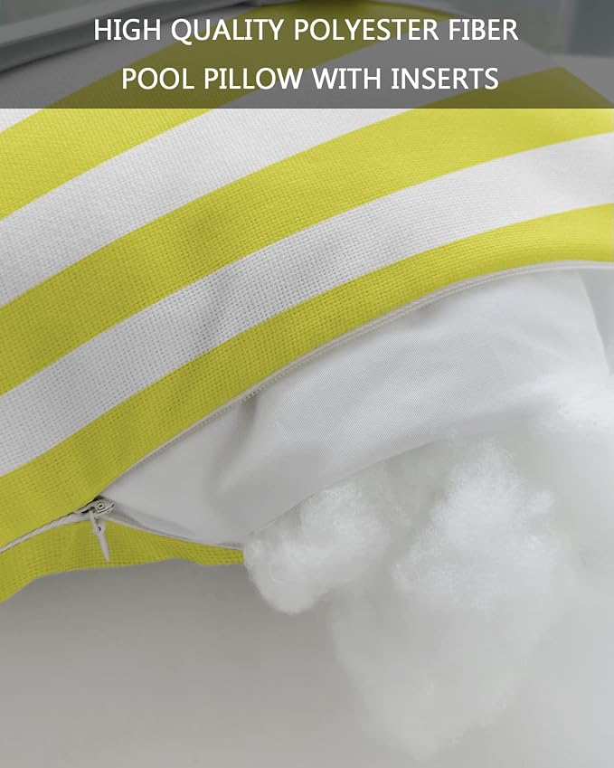 T&H XHome Outdoor Pillow for Chaise Lounge Chair, Yellow and White Stripes Waterproof Headrest Pillow Lumbar Pillows with Adjustable Elastic Strap for Beach, Poolside, Patio, Office (2 Pack)
