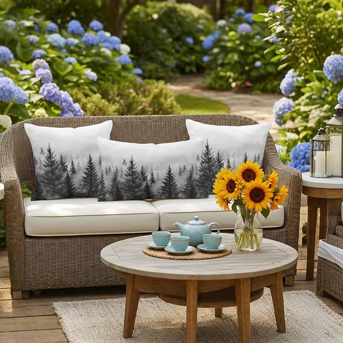 Retro Mist Forest Waterproof Outdoor Pillow Covers Set of 2 Home Decor, Watercolor Mountains Nature Landscape Pillowcase Patio Pillow Covers for Couch Bench Furniture Garden 26x26in