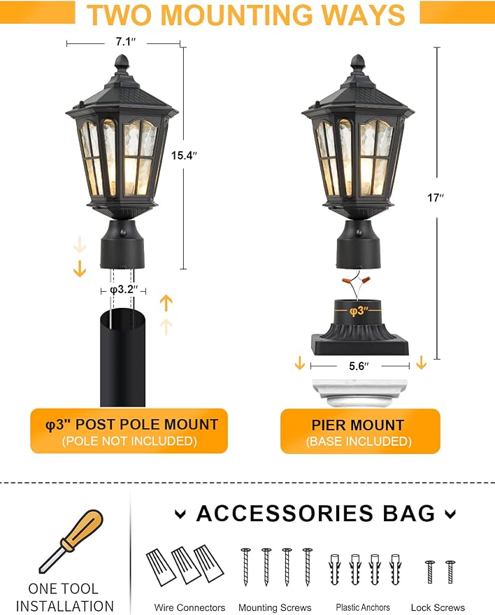 Post Light Outdoor with 3-Inch Pier Mount Base, 17''H Exterior Post Light Fixture,Waterproof IP65 Classic Die Cast Aluminum with Water Ripple Glass, E26 Base 60W Max,Matte Black