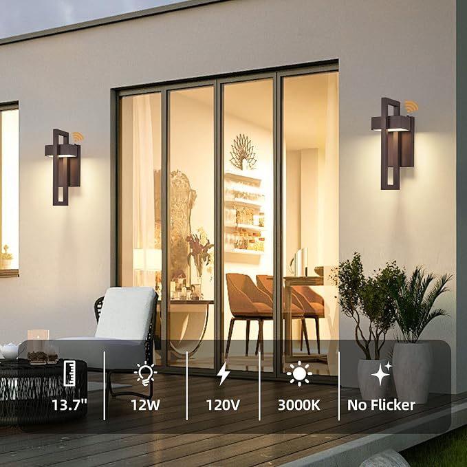 LED Outdoor Wall Sconce Dusk to Dawn Outdoor Lighting, Modern Exterior Lighting Fixtures, Brown LED Front Porch Lights Outside Wall Mount Lights for House, Hallway, Warm White 3000K, 2 Pack