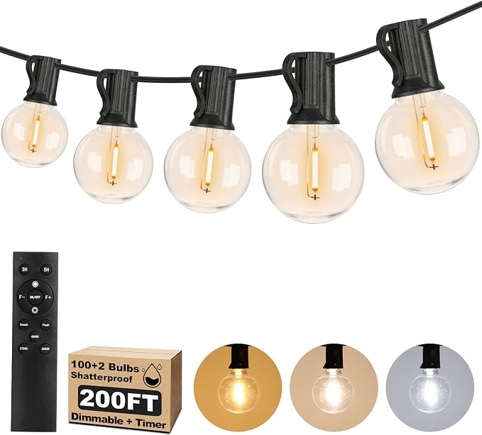 200FT LED Outdoor String Lights with Dimmable 3 Color Lights with Remote | String Light for Outside, G40 Globe Waterproof Patio Lights with 100 Shatterproof Bulbs for Party Backyard BBQ House Camping