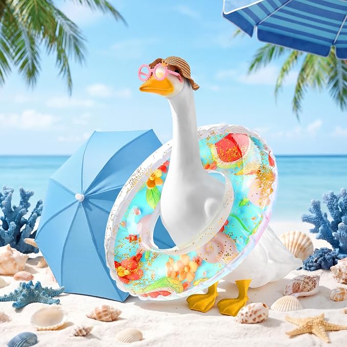 Outus Funny Summer Porch Goose Outfits Set Includes Color Swimming Ring and Umbrella Goose Porch Clothing for Outdoor Swimming Pool Garden Yard Patio Lawn Statue