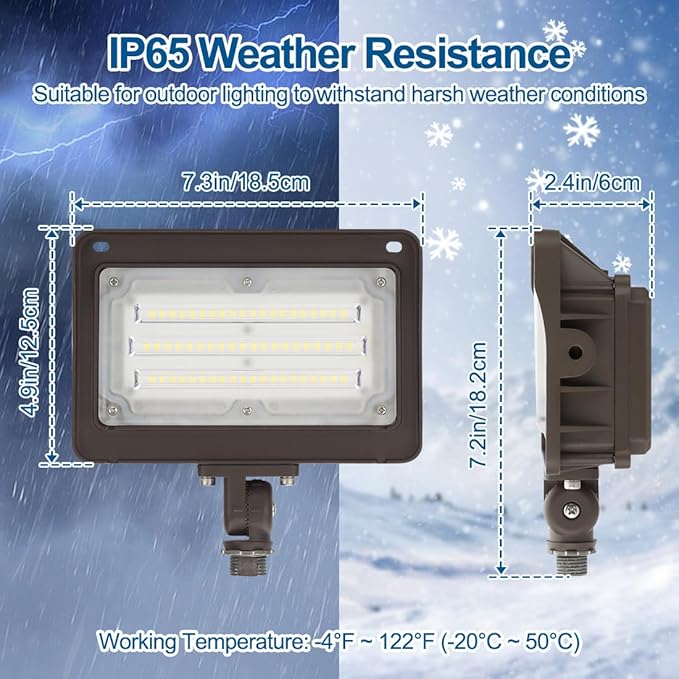 (2 Pack) 50W LED Flood Light Outdoor, Dusk-to-Dawn Photocell, LED Spot Light for Flag Adjustable Arm, IP65 Waterproof Outdoor Security Lighting Fixture, 100-277Vac 5000K 6000lm, ETL Listed