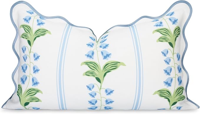 Hofdeco Premium Grandmillennial Coastal Hampton Patio Indoor Outdoor Lumbar Pillow Cover Only, 12"x20" Water Repellent for Backyard, Couch, Poolside, Blue Green Print Striped Lily of the Valley
