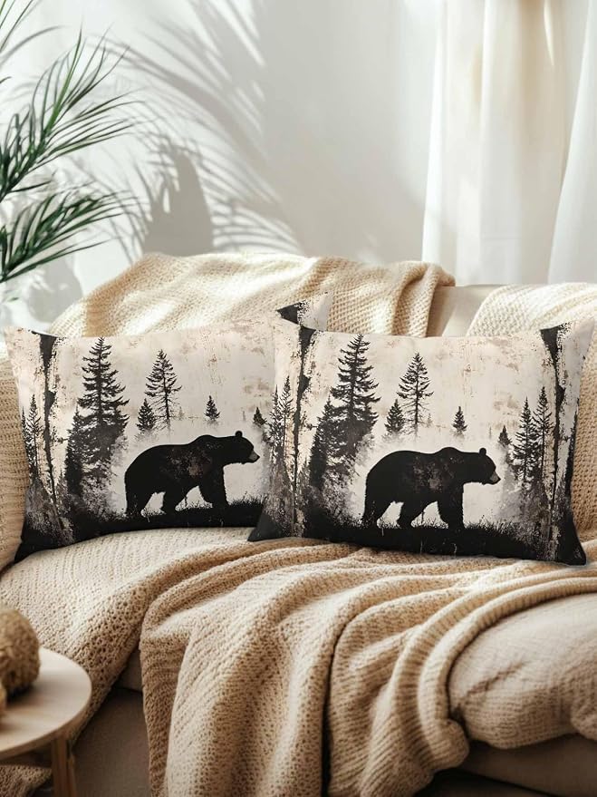 Outdoor Waterproof Throw Pillows Forest Brown Bear Silhouette Patio Pillows Pack of 2,Decorative Pillow Covers with Insert,Pillow Cushion Case for Garden Couch Sofa Minimalist Modern Art