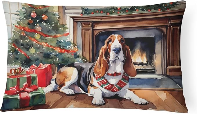 Caroline's Treasures DAC2603PW1216 Basset Hound Cozy Christmas Throw Pillow Machine Washable, Indoor Outdoor Decorative Pillow for Couch, Bed or Patio, 12HX16W