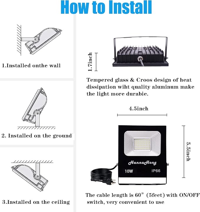 10W 2 Pack LED Flood Light with ON/Off Switch Plug in,Cool White,Security/Work/Plant Grow,IP66 Waterproof,Reflector Spot-Light Porch,Garage,Patio,Yard,Garden
