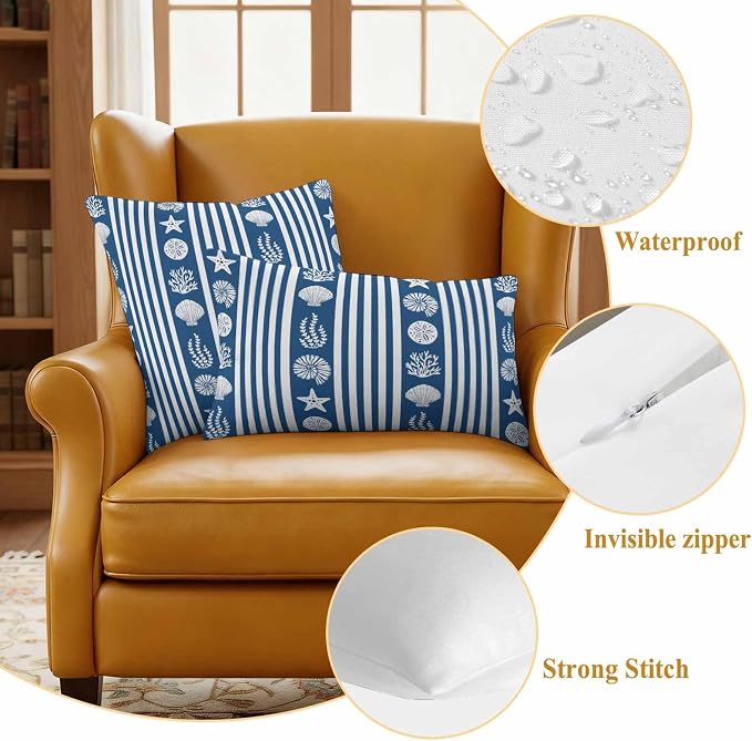 Striped Outdoor Waterproof Throw Pillow Covers Set of 2, 20"x20", Ocean Navy Blue Starfish Shell Jellyfish Coral Decorative Pillow Covers Outside Cushion Case for Patio Porch Garden