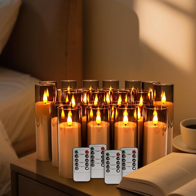YOROXRG Halloween Decoration Flickering Flameless Candles Battery Operated Timer Led Pillar Candles with Realistic Moving Wick Candles for Home Decor 24 Pack (D2.2 xH 5" 6" 7")(Grey)