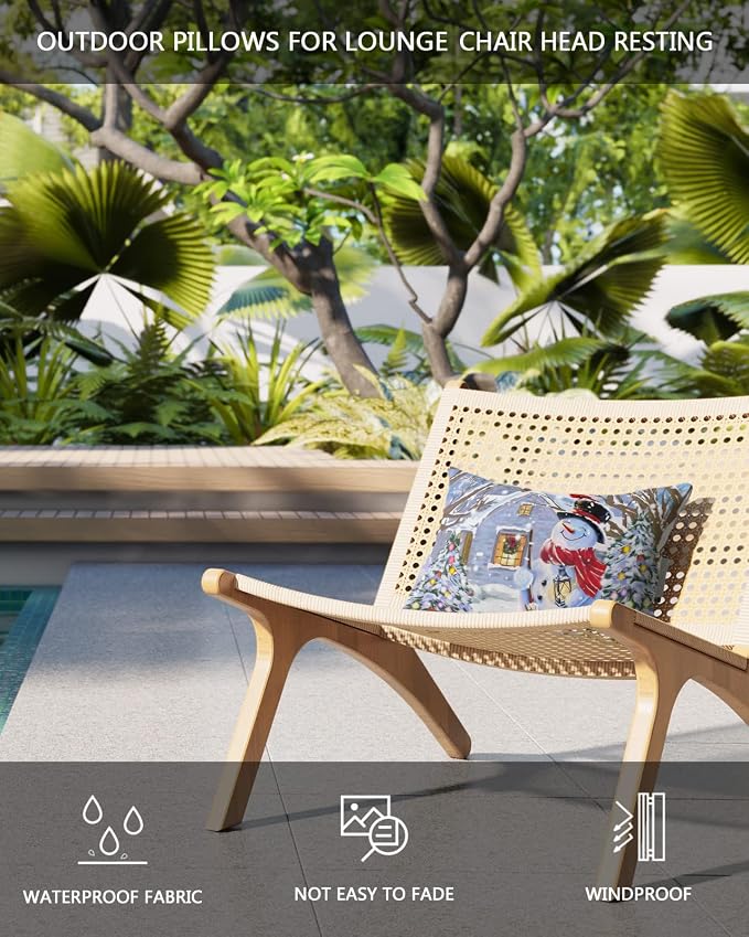 Outdoor Pillows Covers with Inserts Christmas Snowman Winter Snow Bird Waterproof Recliner Pillow with Adjustable Strap Throw Pillows for Patio Furniture Pool Lounge Chair, 11x16 inch, 1PCS