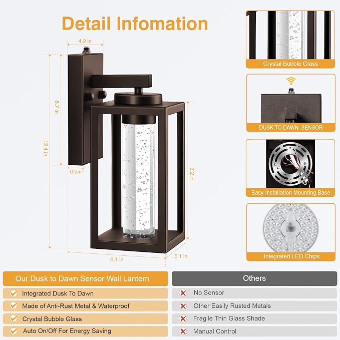 VIANIS 2 Pack Porch Lights Outdoor, Farmhouse Oil Rubbed Bronze Dusk to Dawn Exterior House Lighting Fixtures Wall Mount with Integrated 10W LED Light Source, Die-Cast Aluminum Outdoor Sconce Lantern