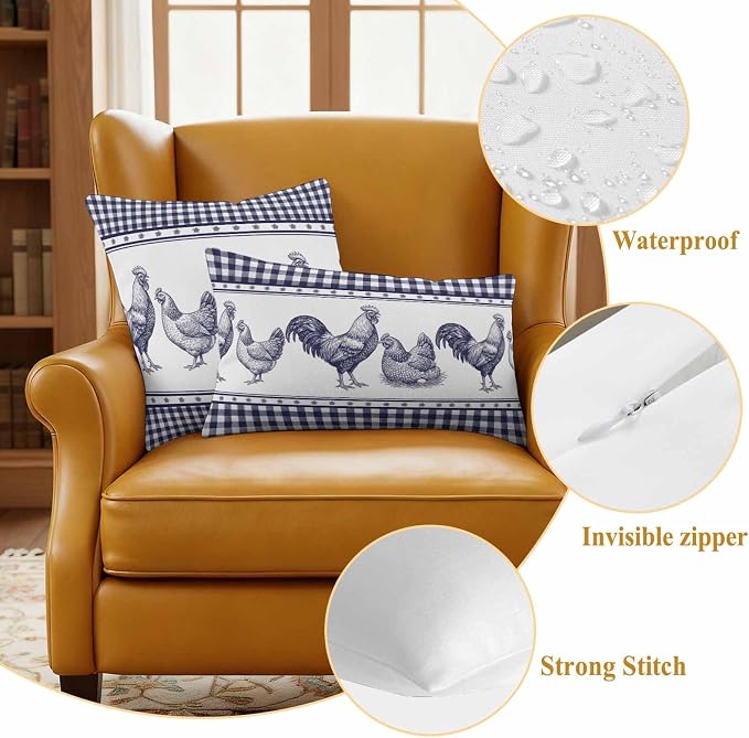 Navy Blue Rooster Outdoor Pillow Covers Waterproof, All Weather Cushion Case Set of 2, Vintage Farmhouse Blue Plaid Decorative Pillowcases for Sofa Couch Bed Decor Patio Furniture 16"x16"