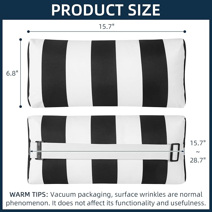 Outdoor Pillow for Chaise Lounge Chair, 2pcs Striped Chaise Lounge Pillows, Adjustable Strap Head Lumbar Pillow for Patio Pool Beach Office, Black
