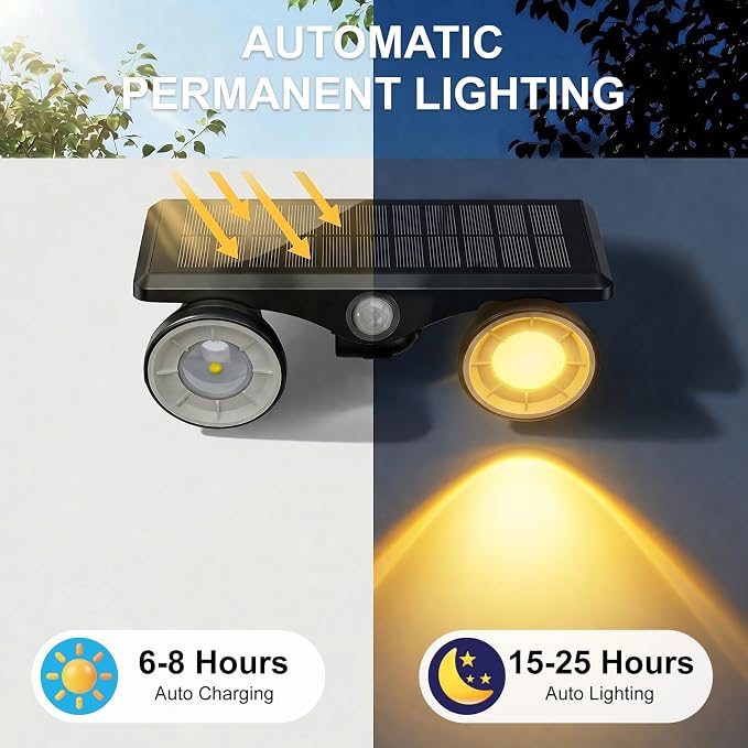 Solar Lights Outdoor Waterproof, Dual Heads Adjustable Solar Spot Lights Outdoor, 2-in-1 Motion Sensor Solar Powered Spotlight Landscape Lighting for Garden, Yard, Pathway- 2 Pack (Warm Light)