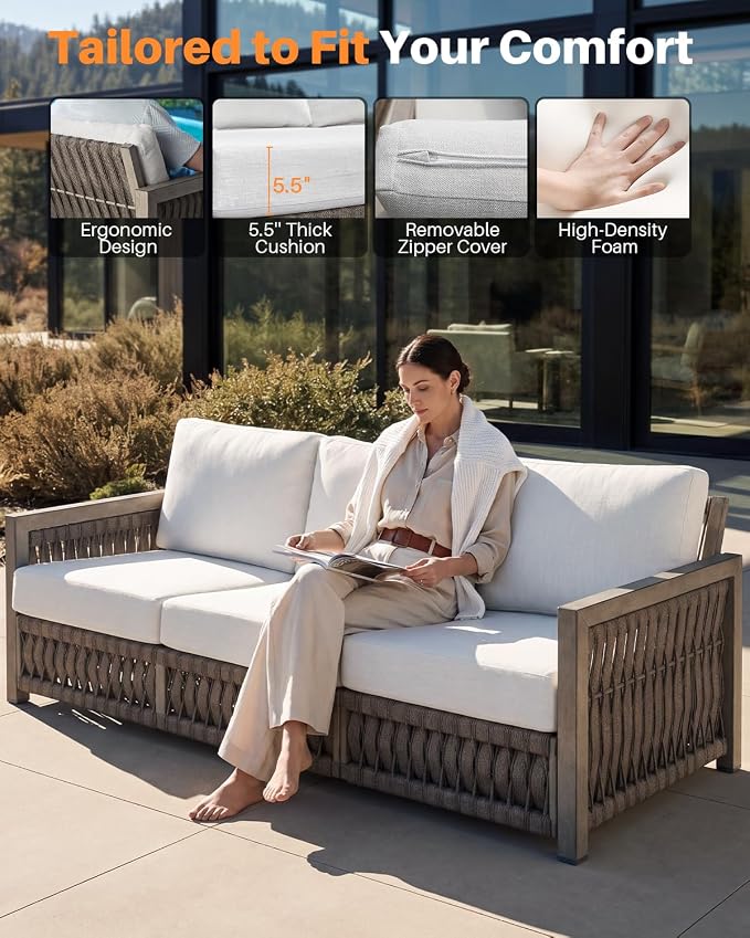 3 Seats Outdoor Sofa, Aluminum Patio Sofas Couch with Thick Cushions, Never-Rust 3-Seater Rope Weave Outside Patio Couch, Deep Seating Outdoor Sofa Furniture for Garden, Decks, Porch, Gray Oak