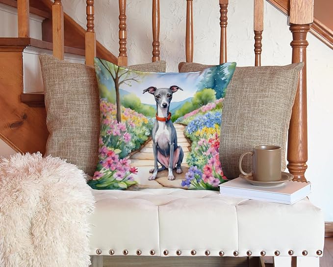Caroline's Treasures Italian Greyhound Spring Path Throw Pillow Machine Washable, Indoor Outdoor Decorative Pillow for Couch, Bed or Patio, 14Hx14W