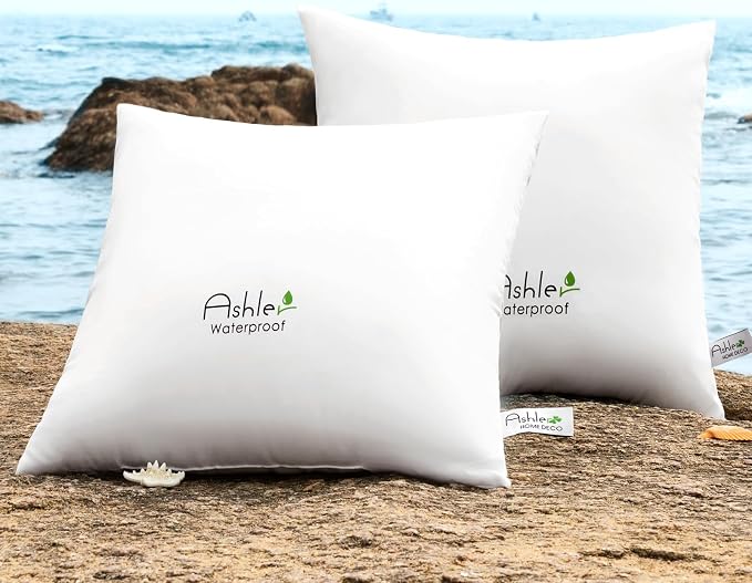 Ashler 18 x 18 Set of 2, Waterproof Outdoor Throw Pillow Inserts | Water Resistant, Hypoallergenic, Decorative for Garden, Sham Square Pillow Insert, Waterproof for Sofa Couch