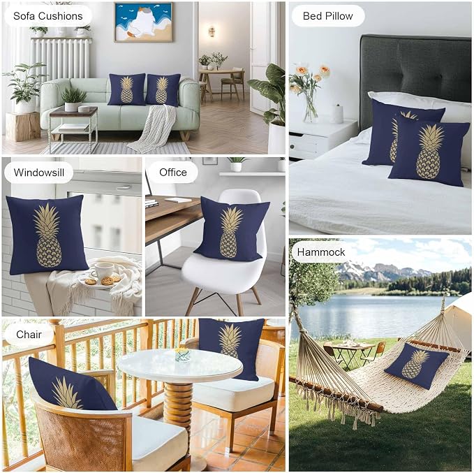 Yellow Pineapple Outdoor Waterproof Pillow Covers, Summer Fruits Navy Blue Decorative Square Throw Pillowcase Sofa Cushion Sham for Patio/Couch/Chair, 26"x26" 2 Pack