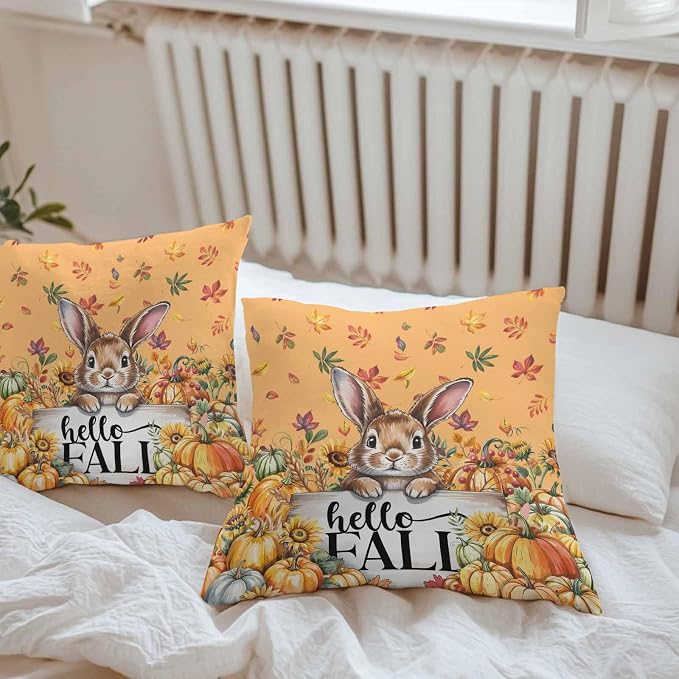 Thanksgiving Rabbit Outdoor Waterproof Pillow Covers, Orange Pumpkins Fall Leaves Flowers Decorative Square Throw Pillowcase Sofa Cushion Sham for Patio/Couch/Chair, 18"x18" 2 Pack
