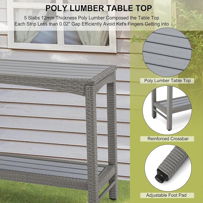 Outdoor Console Table Patio Buffet Bar Storage Organizer 45" Long Wicker Sofa Serving Sideboard Table 2-Shelf Outdoor Narrow Bar Table Tall Rectangle with Adjustable Feet for Entryway Grey