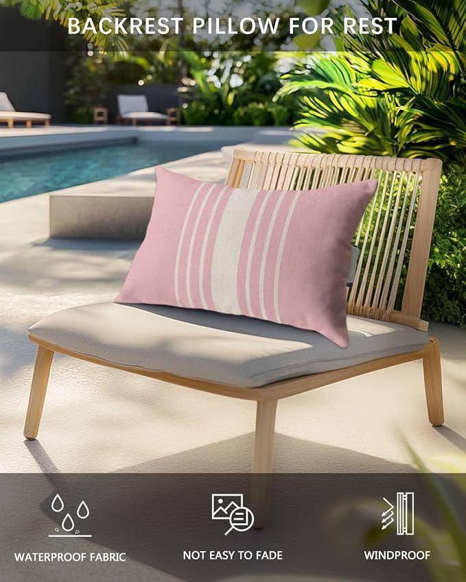 Pack of 2 Outdoor Lumbar Pillow Covers 11x16 Inch, Pink Beige Striped Waterproof Throw Pillow Covers Set, Modern Farmhouse Retro Lines Indoor&Outdoor Decorative Cushion Cases for Patio Porch Beach